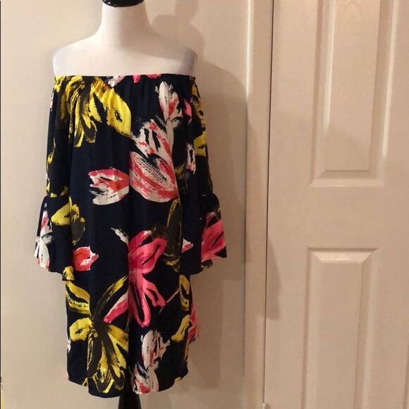 Navy Floral Dress Off Shoulder Bell Sleeve Tunic - Picture 5 of 8